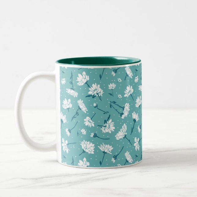 Elegant Blommönster - Teal & White Botanical Två-Tonad Mugg (Vänster)