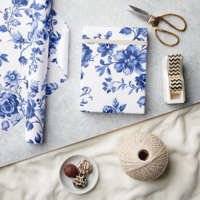 Elegant Blommönstrat Blått Inpackningspapper  Presentpapper (Hantverk)