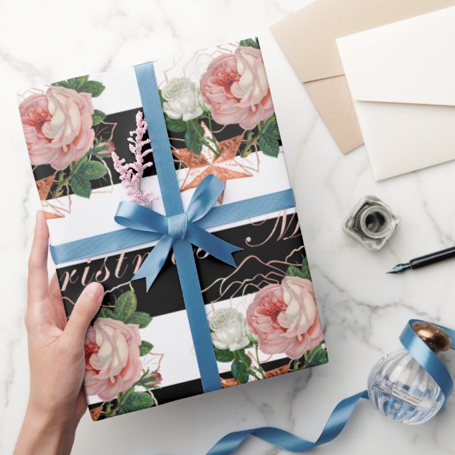 Elegant blommor God jul ro guld glitter Presentpapper (Gåvor)