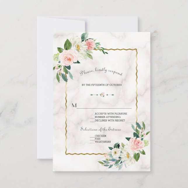 Elegant  blommor Guld Marble Bröllop OSA Kort (Framsida)