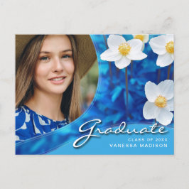 Elegant Blommor i Blått | Modern Fotograduation Vykort