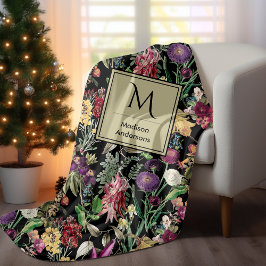 Elegant blommor och löv svart blommigt fleecefilt