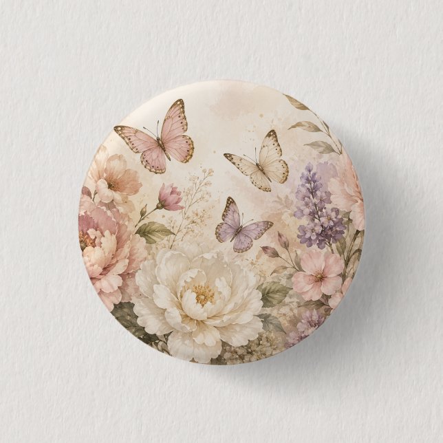 Elegant Blommotiv & Fjäril i Vattenfärg Knapp (Framsida)