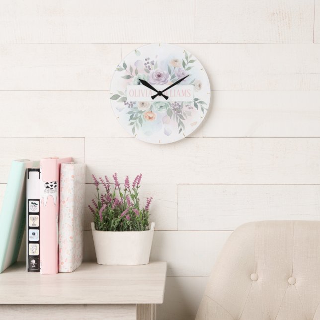 Elegant Blommotiv i Akvarell  Stor Klocka (Läsesal)