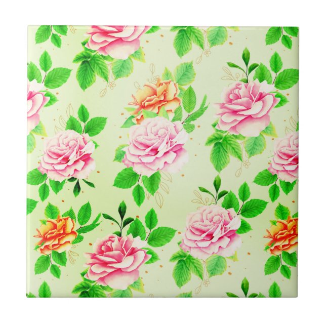 Elegant blomros gröna blad Mönster-23675 Kakelplatta (Framsidan)