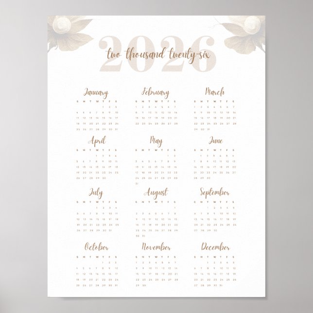 Elegant blomskrift 2026 En-sides kalender Fin  Poster (Framsidan)