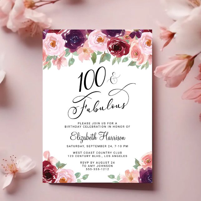 Elegant blomster 100-årsfest inbjudningar (100 & Fabulous: Toast to a Life Well Celebrated!)