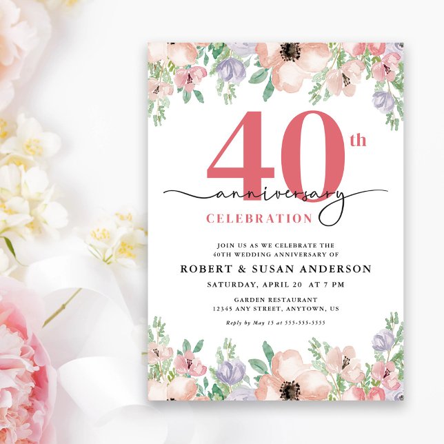 Elegant blomster 40-års bröllopsjubileum inbjudningar (Skapare uppladdad)