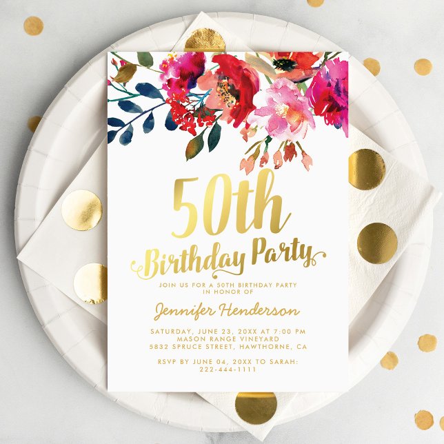 Elegant blomster 50-års födelsedagsinbjudan inbjudningar (Skapare uppladdad)