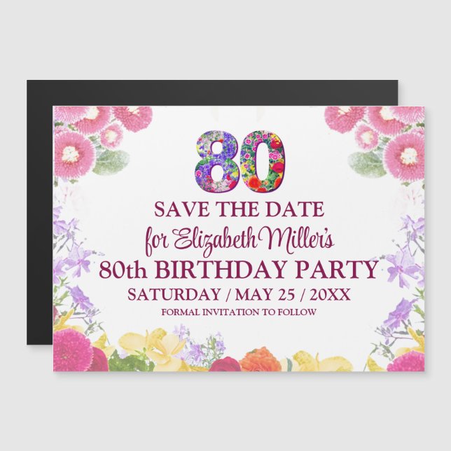 Elegant blomster 80-årsdag Spara datumet Magnetisk Inbjudningskort (Fram/baksida)