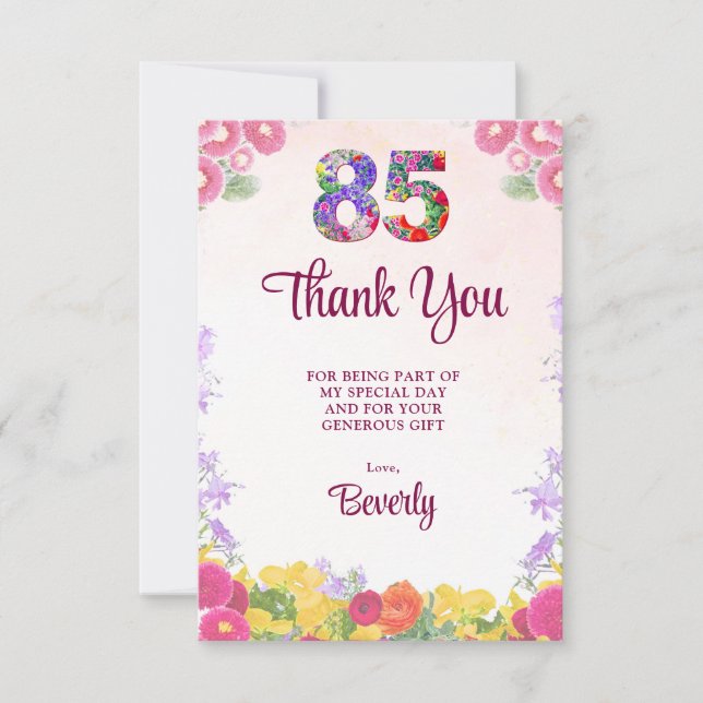 Elegant blomster 85-årsdagst Tack  Kort (Framsida)