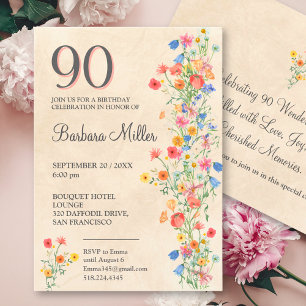 Elegant blomster 90-årsfest vilda blommor inbjudningar