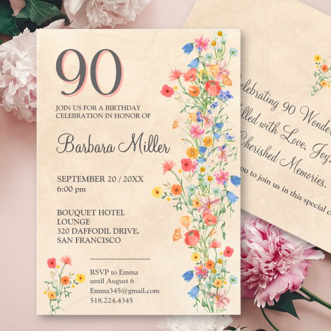 Elegant blomster 90-årsfest vilda blommor inbjudningar (Skapare uppladdad)