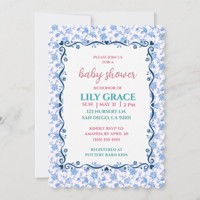 Elegant blomster baby shower blå bow shabby chic  inbjudningar (Framsida)