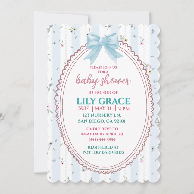 Elegant blomster baby shower blå bow shabby chic  inbjudningar (Framsida)