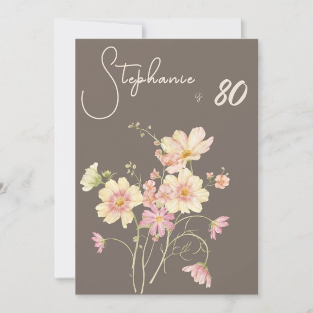 Elegant Blomster Beige Rosa 80-års Födelsedagsinbj Inbjudningar (Framsida)