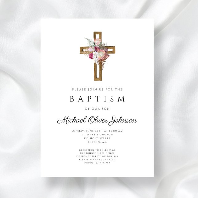 Elegant blomster boho kors dop  inbjudningar (Elegant Floral Boho Cross Baptism Invitation)