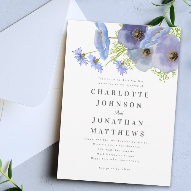 Elegant Blomster Bröllop Vattenfärg Trädgård Blå Inbjudningar (Elegant watercolor wildflower blue floral bouquet wedding  invitation)