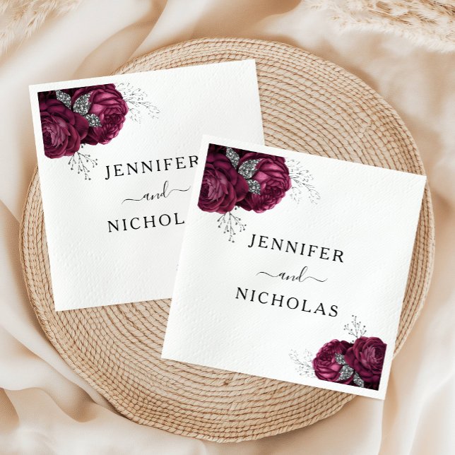 Elegant blomster burgunderfärgade pioner bröllop pappersservett (Elegant Floral Burgundy Peonies Wedding Napkins)