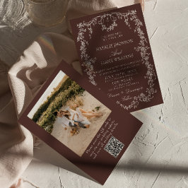 Elegant blomster chokladbrun QR-kod bröllop Inbjudningar