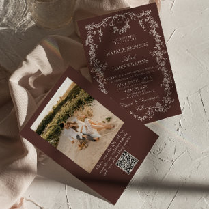 Elegant blomster chokladbrun QR-kod bröllop Inbjudningar