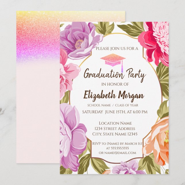 Elegant blomster, glitter examensmössa inbjudningar (Fram/baksida)
