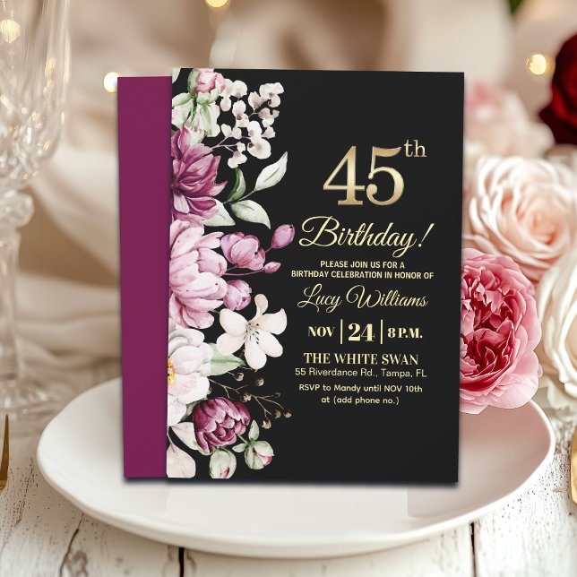 Elegant blomster guld 45 födelsedagsinbjudan inbjudningar (Skapare uppladdad)