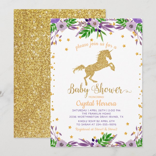 Elegant Blomster Guld Enhörning Bebis Shower Vatte Inbjudningar (Fram/baksida)