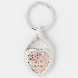 Elegant blomster guldmonogram hjärta, namn & initi twisted heart silverfärgad nyckelring