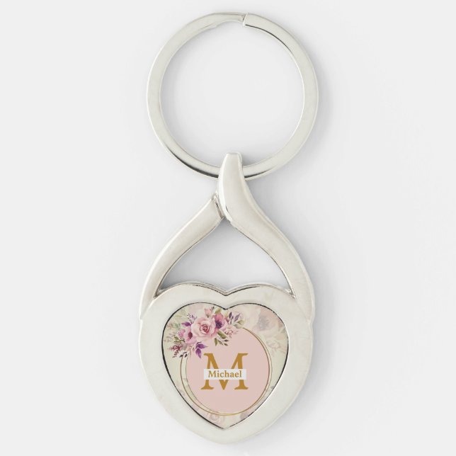 Elegant blomster guldmonogram hjärta, namn & initi twisted heart silverfärgad nyckelring (Framsidan)