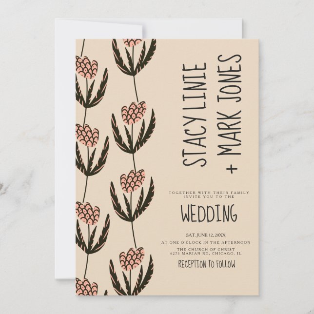 Elegant blomster handritad fånig skript bröllop inbjudningar (Framsida)