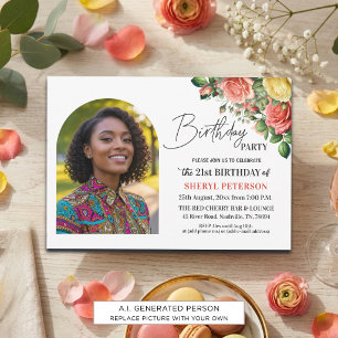 Elegant blomster med foto 21-årsfest inbjudningar