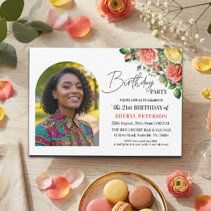 Elegant blomster med foto 21-årsfest inbjudningar