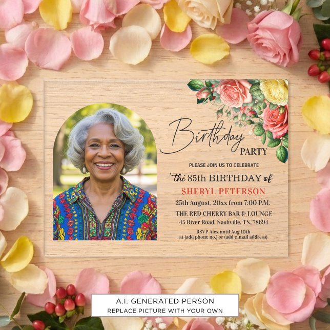 Elegant blomster med foto 85-årsfest  inbjudningar (Skapare uppladdad)