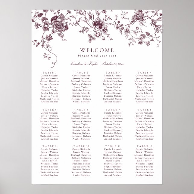 Elegant blomster Merlot Vintage bröllops sittplan Poster (Framsidan)