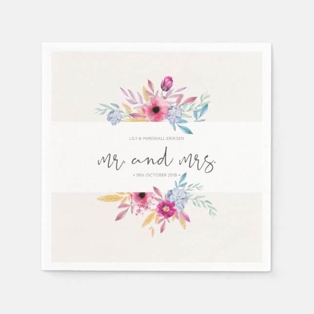 Elegant blomster Mr & Mrs bröllop | Pappersservett (Framsidan)