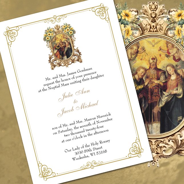 Elegant blomster- och guldkatolsk bröllop inbjudningar (Elegant Catholic Wedding Invitations - FREE SHIPPING available at checkout. )