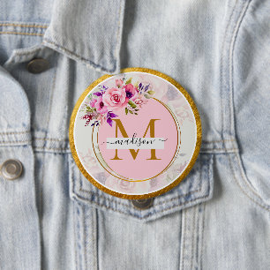 Elegant blomster- och guldmonogram Namn & initia Knapp