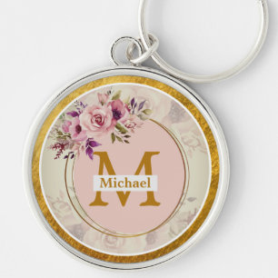 Elegant blomster- och guldmonogram Namn & initia Rund Silverfärgad Nyckelring