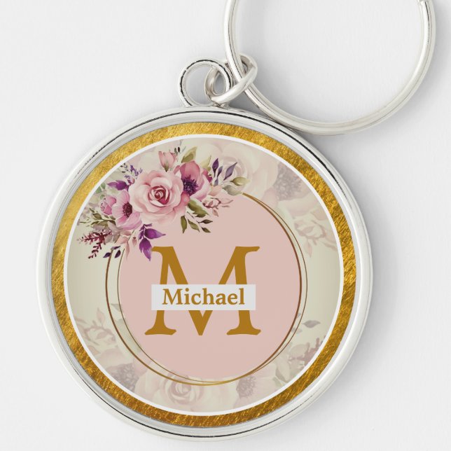 Elegant blomster- och guldmonogram | Namn & initia Rund Silverfärgad Nyckelring (Framsidan)