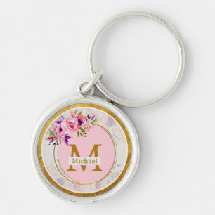 Elegant blomster- och guldmonogram Namn & initia Rund Silverfärgad Nyckelring