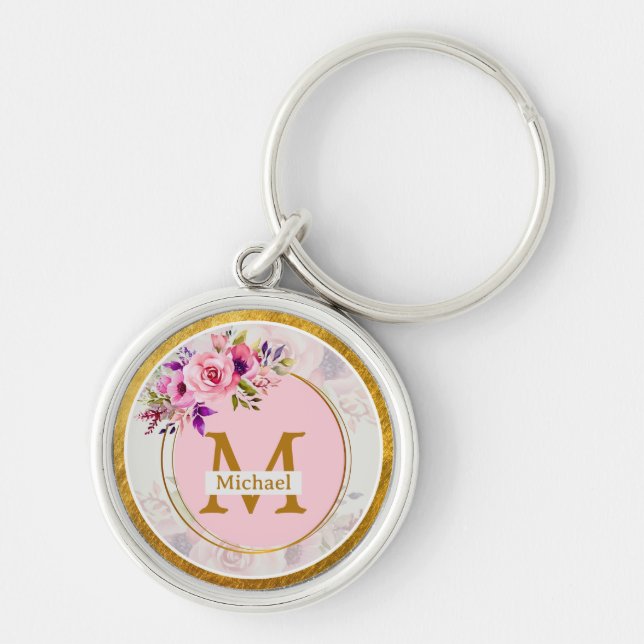 Elegant blomster- och guldmonogram | Namn & initia Rund Silverfärgad Nyckelring (Framsidan)