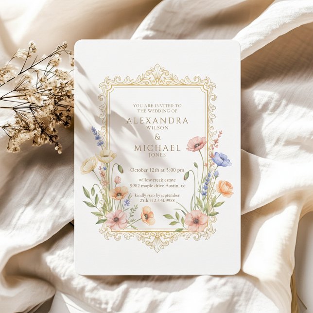 Elegant blomster- och guldram bröllopsinbjudan inbjudningar (Luxury floral wedding invitation inspired by classic European elegance)