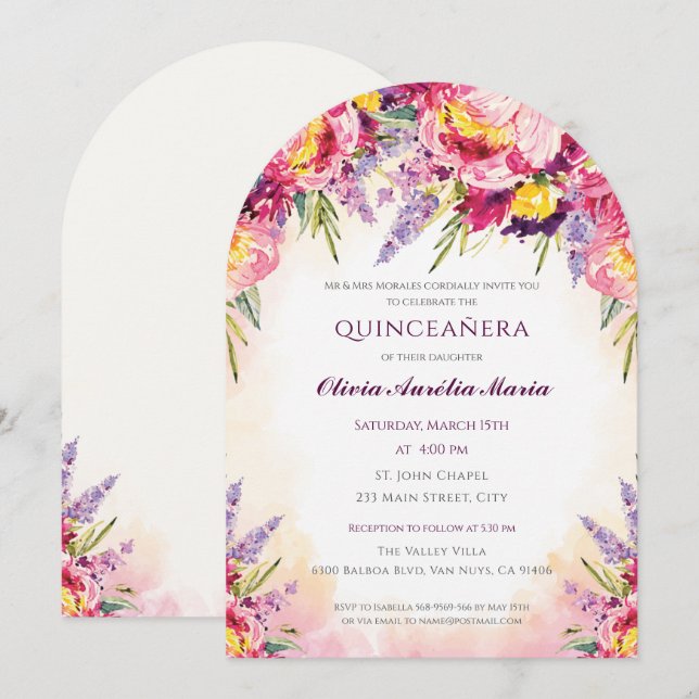 Elegant blomster-quinceañera inbjudningar (Fram/baksida)