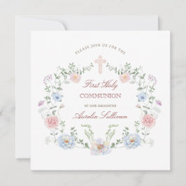 Elegant blomster ram Första kommunionen fyrkantig Inbjudningar