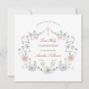 Elegant blomster ram Första kommunionen fyrkantig Inbjudningar