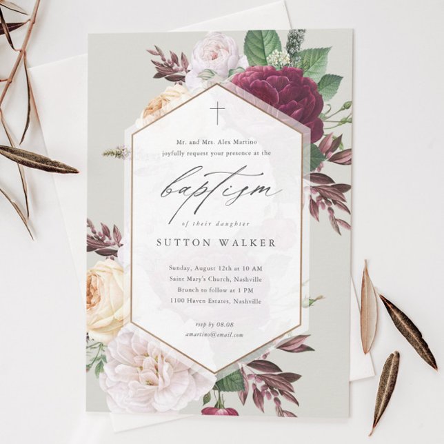 Elegant blomster religiös dop & dopceremoni inbjudningar (Modern floral script baptism invitation with hand painted botanical foliage and minimal cross.)
