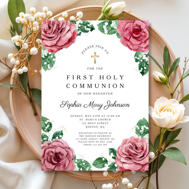 Elegant blomster religiös flicka första nattvarden inbjudningar (Elegant Floral Religious Girl First Communion Invitation)
