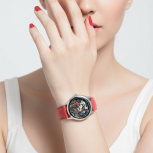 Elegant blomster röd rem dam analog mode armbandsur