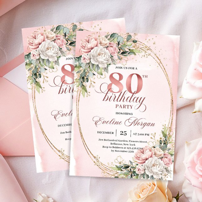 Elegant Blomster Roséguld Grönska 80-årsdag   Inbjudningar (Elegant Floral Rose Gold Greenery 80th Birthday Invite)